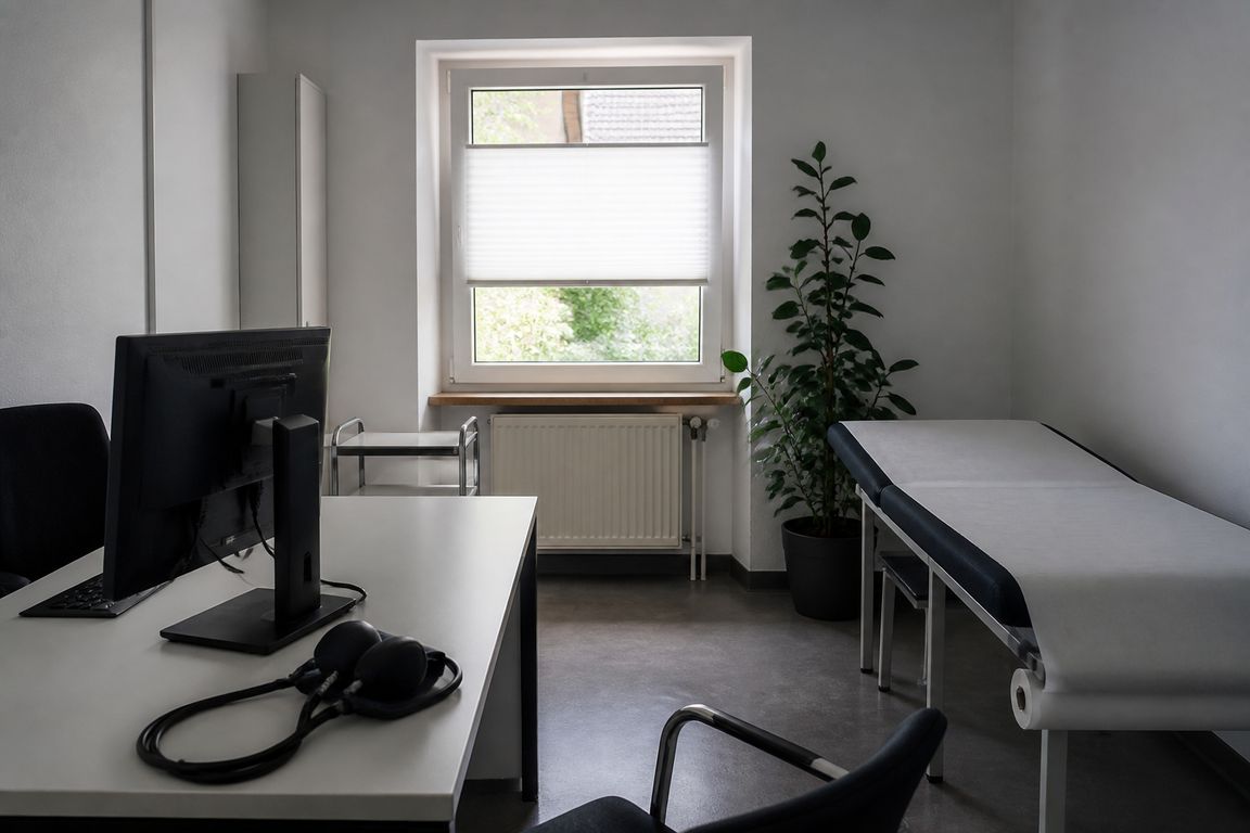 Ein leeres Sprechzimmer vom Patientenstuhl aus: ein Schreibtisch mit abgewandtem Monitor, eine Untersuchungsliege mit frischer Papierauflage, halb geschlossene Jalousie