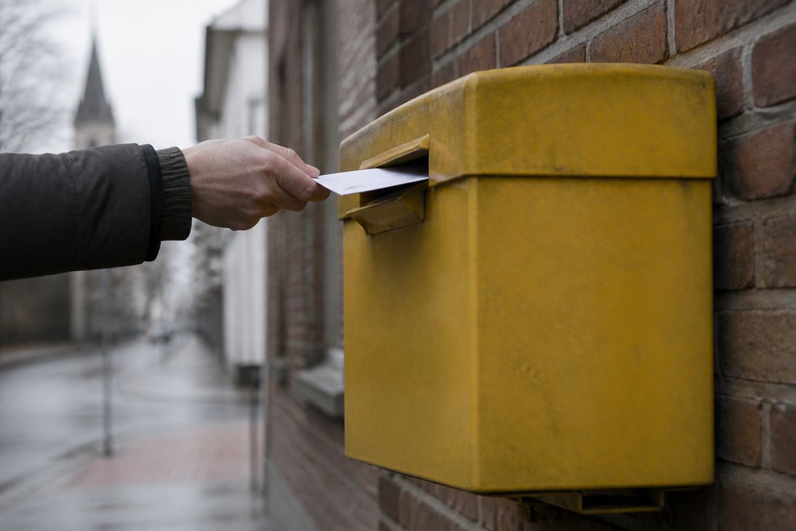 Eine Hand lässt einen Briefumschlag in einen Briefkasten an einer Backsteinmauer fallen, im Hintergrund unscharf eine Straße