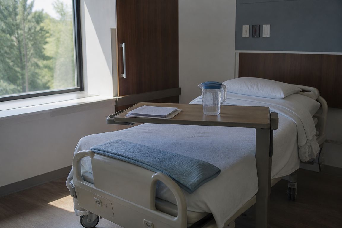Ein frisch bezogenes Krankenhausbett mit einem darüber geschwenkten Beistelltisch, auf dem einige Ausdrucke und eine Wasserkanne stehen