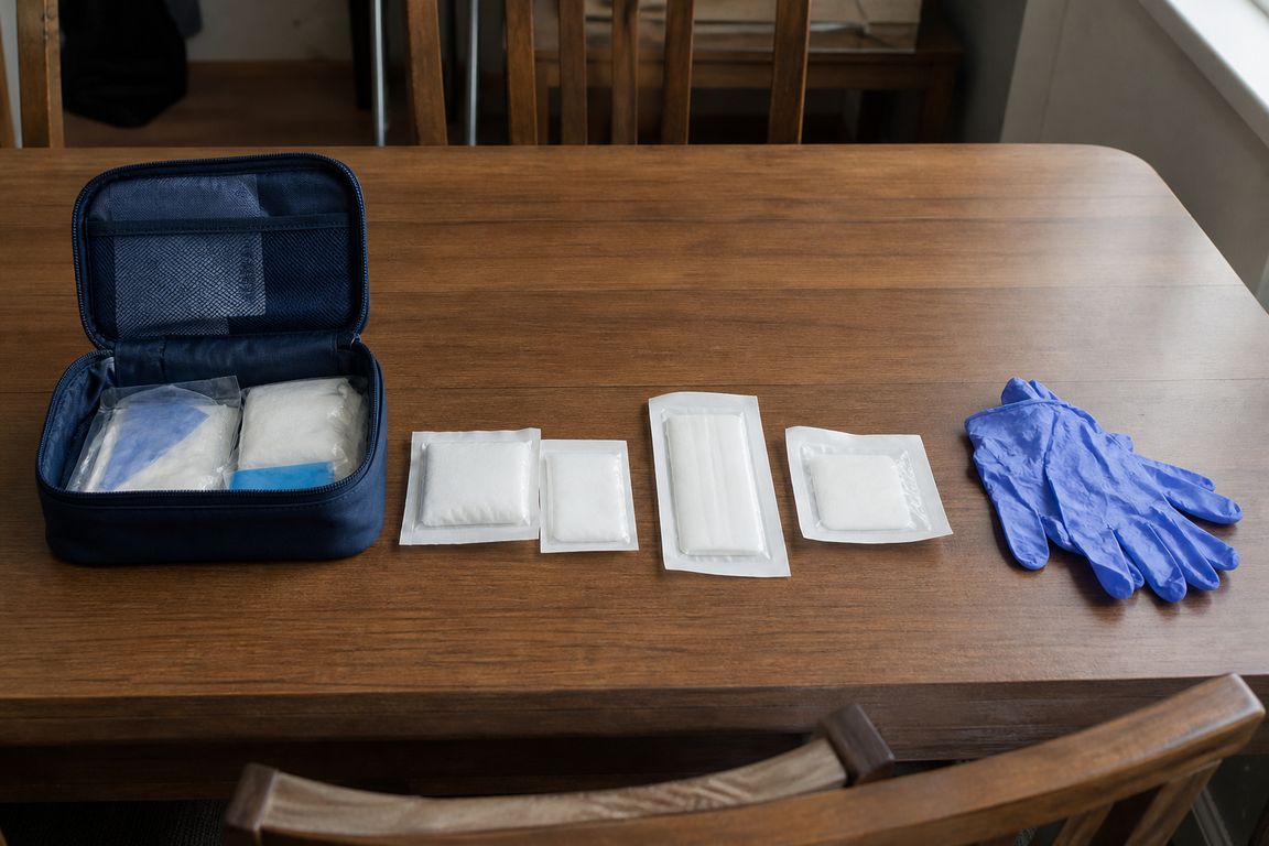Ein geöffneter Pflegekoffer auf einem Esstisch, daneben in einer Reihe Verbandpäckchen und ein Paar Handschuhe