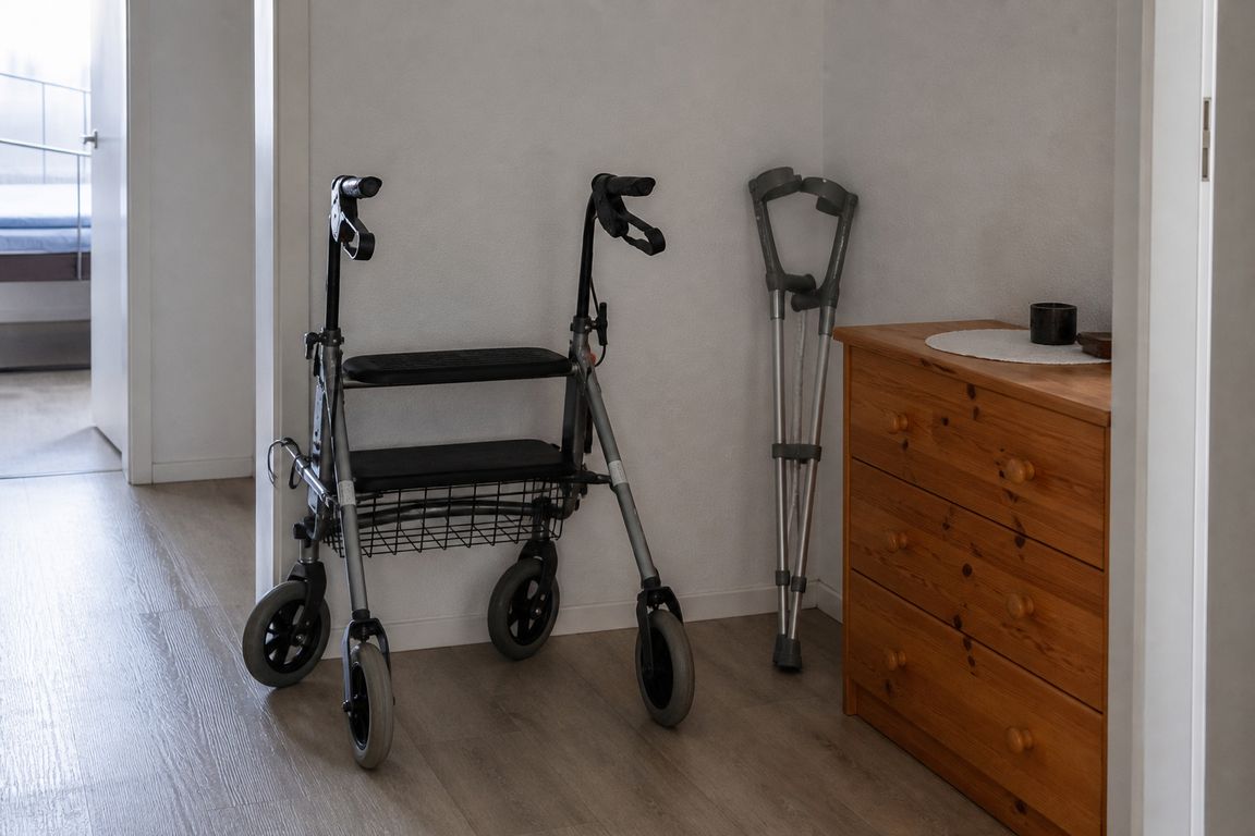 Ein Rollator und ein Paar zusammengelegte Unterarmgehstützen stehen in der Ecke eines hellen Flurs neben einer kleinen Kommode