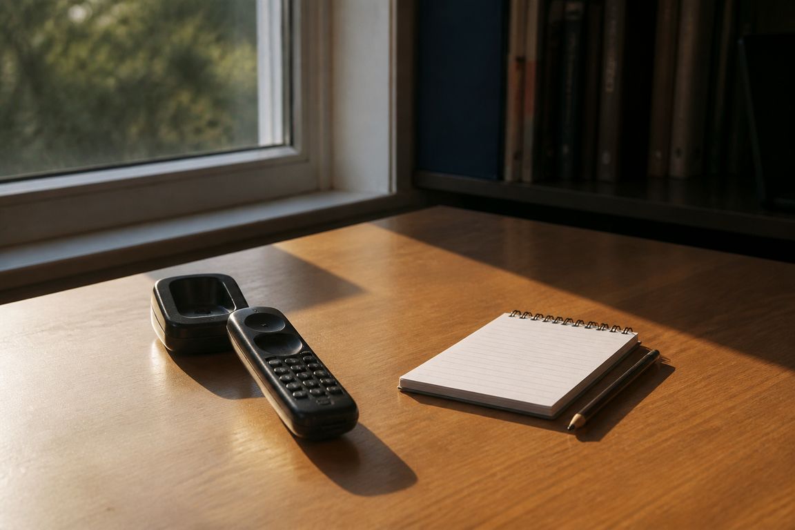 Ein Schreibtisch am Fenster mit einem abgenommenen Telefonhörer, einem Spiralblock und einem Bleistift im Nachmittagslicht