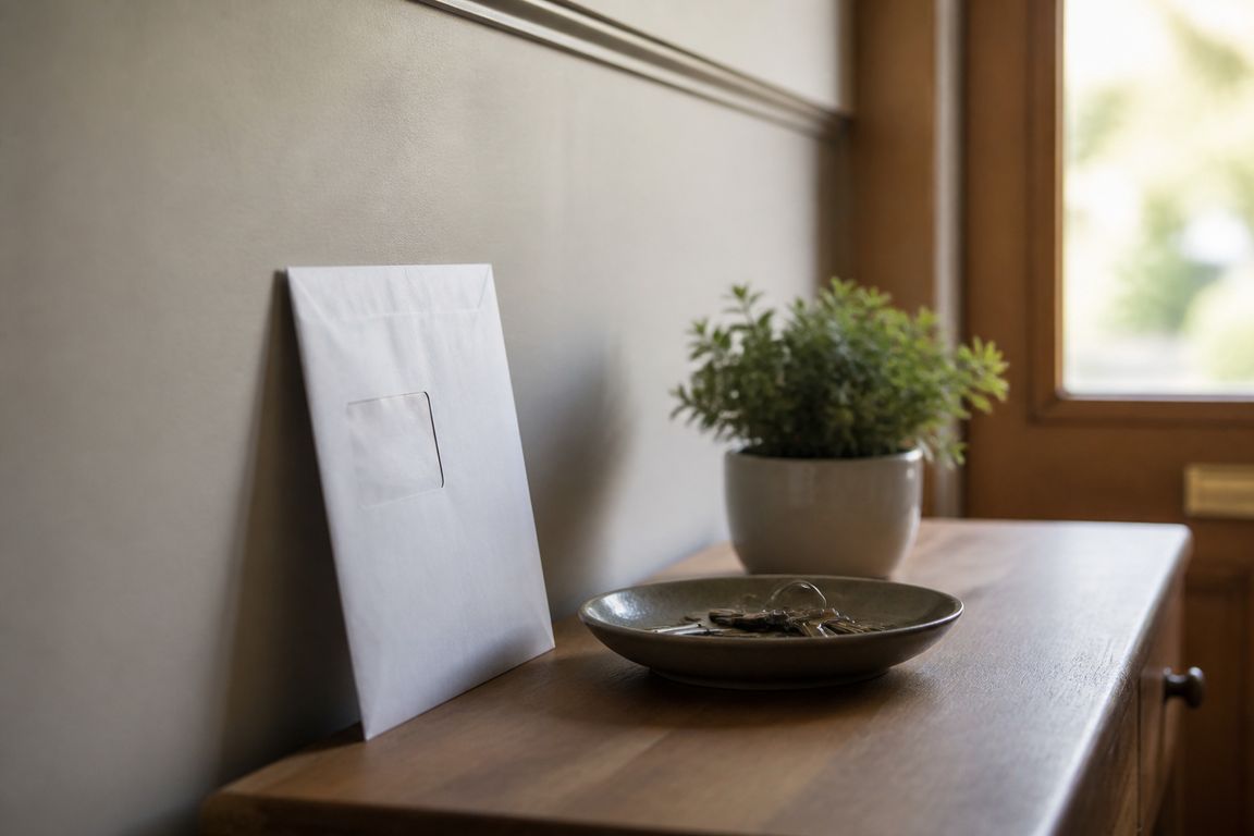 Ein ungeöffneter Fensterbriefumschlag steht aufgestellt auf einer Konsole im Flur, daneben eine Schale mit Schlüsseln und eine kleine Pflanze