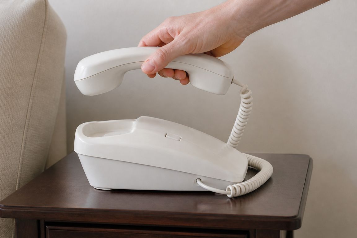 Eine Hand nimmt den Hörer eines einfachen Telefons von der Gabel, im Bild sind nur Hand und Handgelenk zu sehen