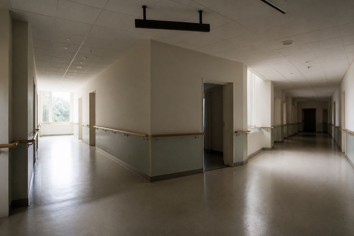 Eine Flurkreuzung in einem sachlichen öffentlichen Gebäude, in der drei Gänge zusammentreffen, an der Decke eine leere Halterung für ein Hinweisschild