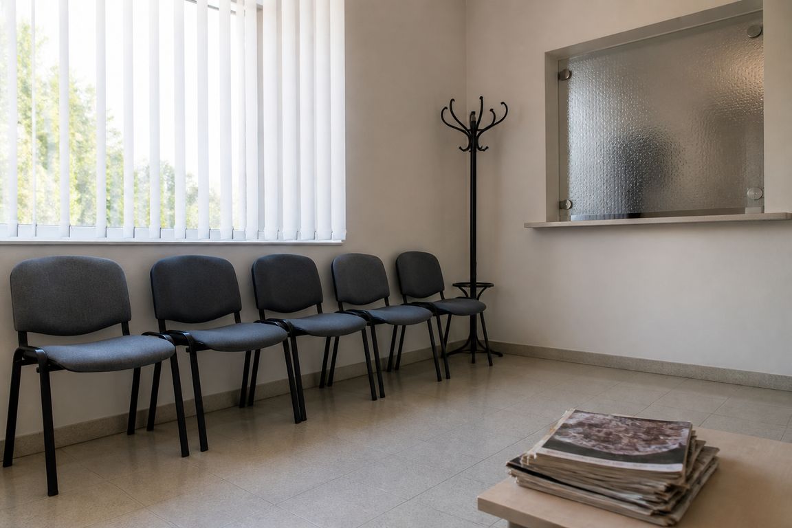 Ein leeres Wartezimmer einer Arztpraxis mit fünf Stühlen an der Wand, einem niedrigen Tisch mit Zeitschriften und einem geschlossenen Empfangsschalter