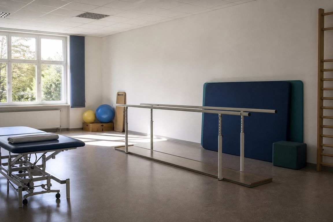 Ein leerer Raum für Bewegungstherapie mit Barren, einer Behandlungsbank mit gefaltetem Handtuch und gestapelten Matten an der Wand
