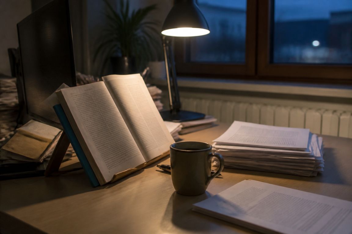 Ein Arbeitsplatz von der Seite: ein aufgestelltes Nachschlagewerk vor einem abgewandten Monitor, ein Stapel Ausdrucke, eine Tasse, eine eingeschaltete Schreibtischlampe