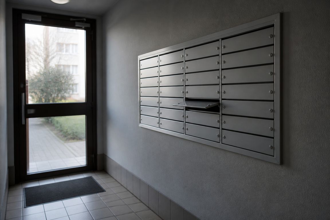 Ein Raster metallener Briefkästen an der Wand eines Hauseingangs, eine Klappe steht einen Spalt offen